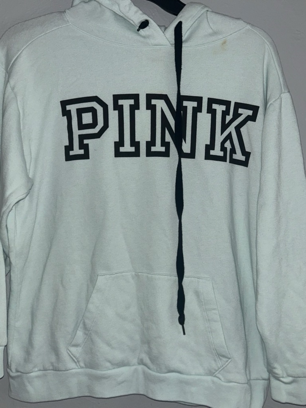 PINK Victoria's Secret White Hoodie with Black Logo and Drawstrings